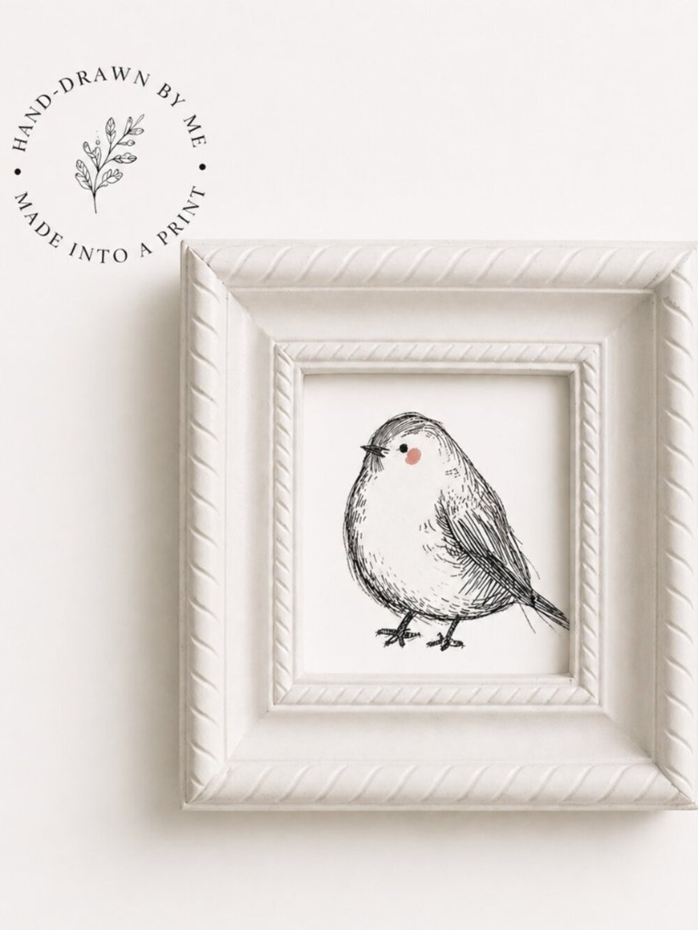 Hand Drawn White Framed Bird Art Print - Decorative Bird Wall Accent